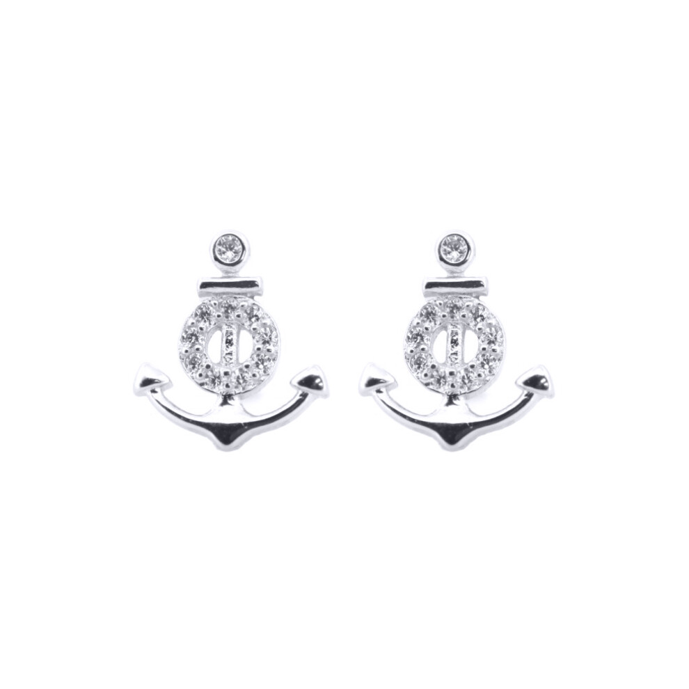 Jewelco London Rhodium Silver Round CZ Anchor and Life Buoy Stud Earrings - AES200