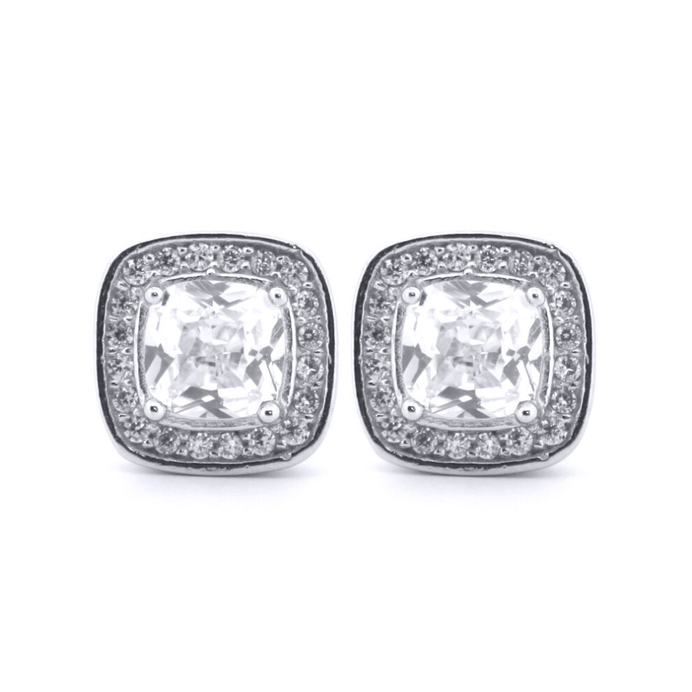 Silver  White Cushion CZ Halo Solitaire Stud Earrings - AES192