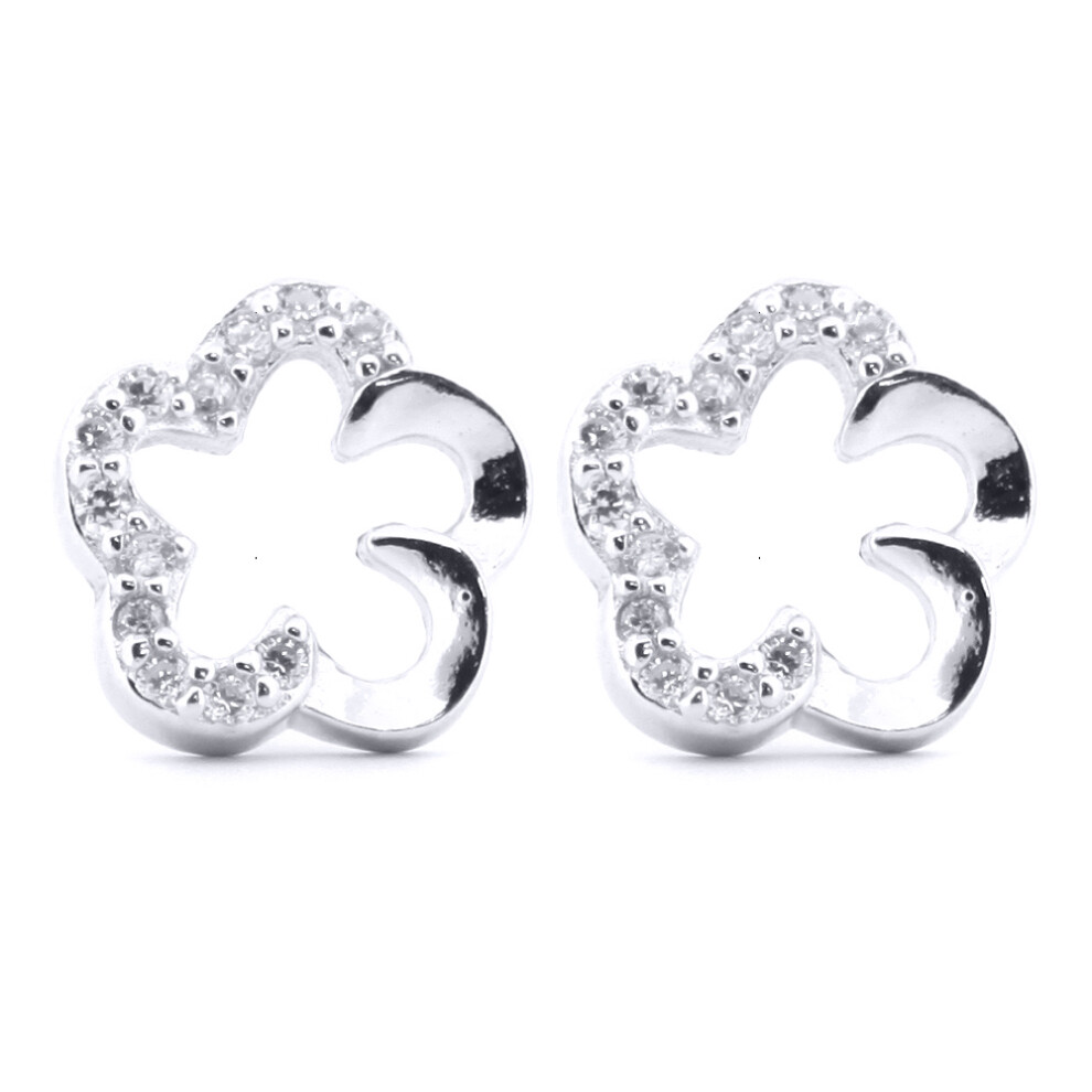 Jewelco London Rhodium Silver Round CZ Half Set Daisy Flower Stud Earrings - AES171