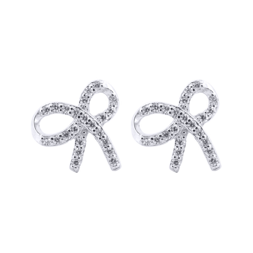 Silver  Round CZ Ribbon Bow Tie Stud Earrings - AES208