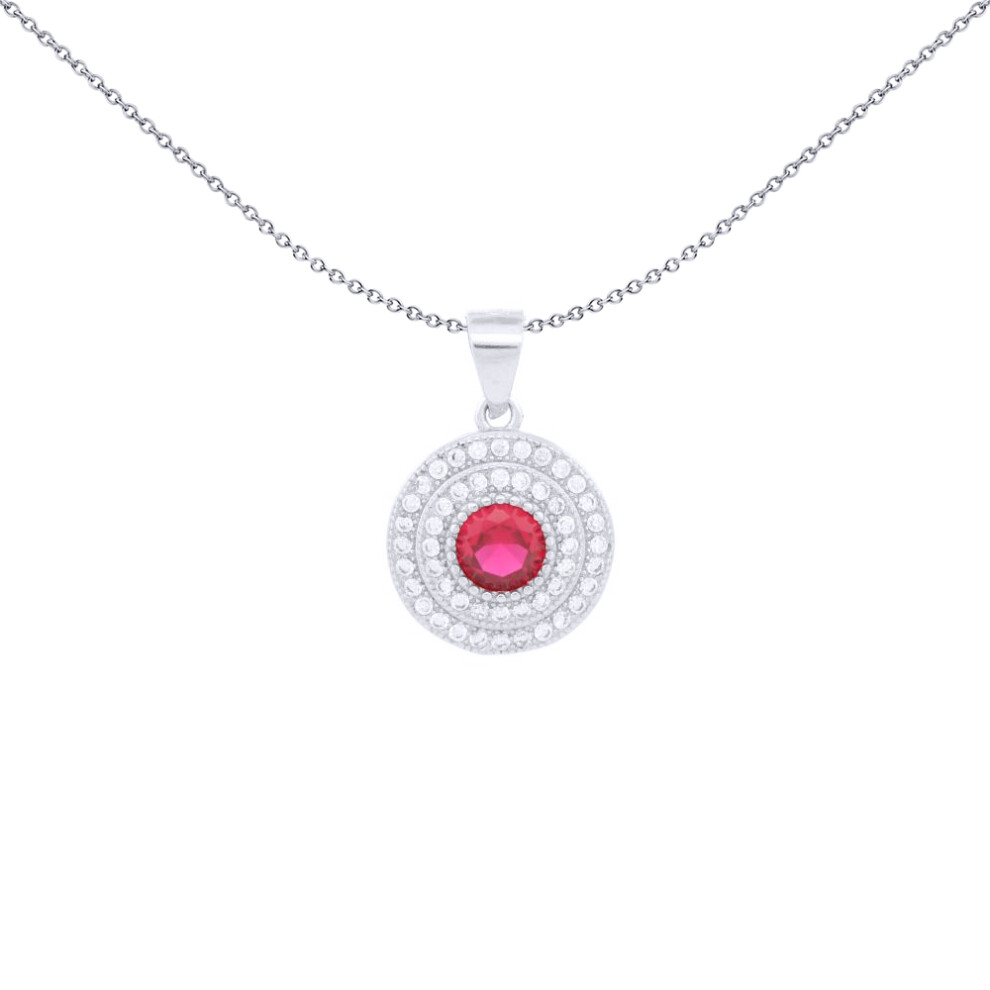 Jewelco London Rhodium Silver Red Round Brilliant CZ Double Halo Solitaire Bullseye Charm Pendant - APD226R