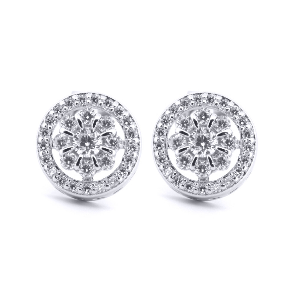 Silver  Round CZ Daisy Flower Cluster Halo Stud Earrings - AES206