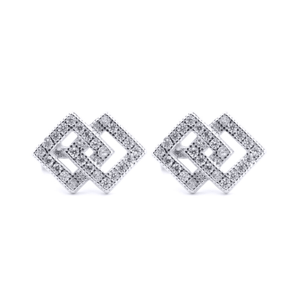 Jewelco London Rhodium Silver Round CZ Interlocking Squares "Copy" Icon Stud Earrings - AES176