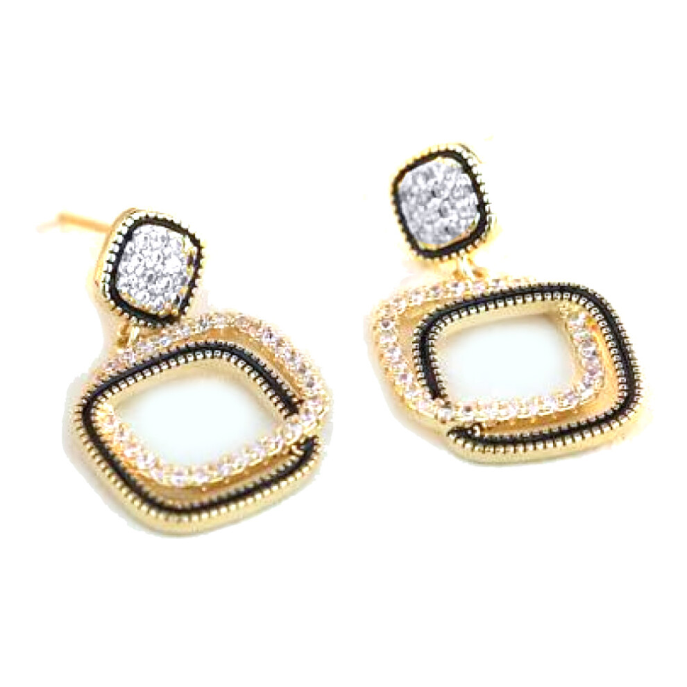 Gold-plated Silver  CZ Interlocked Squares Copy Icon Drop Earrings - AES214