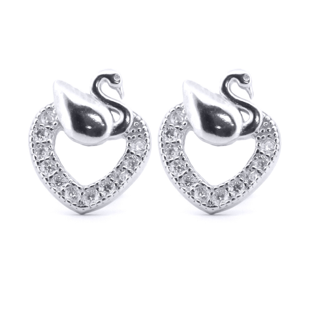 Silver  Round CZ Swan Love Heart Stud Earrings - AES173