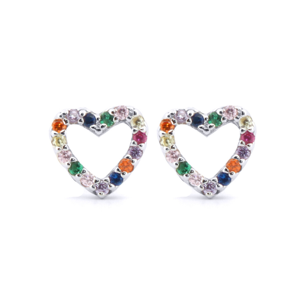 Jewelco London Rhodium Silver Rainbow Round Brilliant CZ Open Love Heart Halo Stud Earrings - AES188