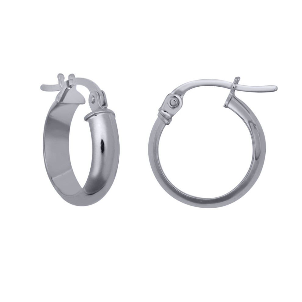 Jewelco London Rhodium Silver D-Shape Wedding Band Style 4mm Hoop Earrings 15mm - AER135A