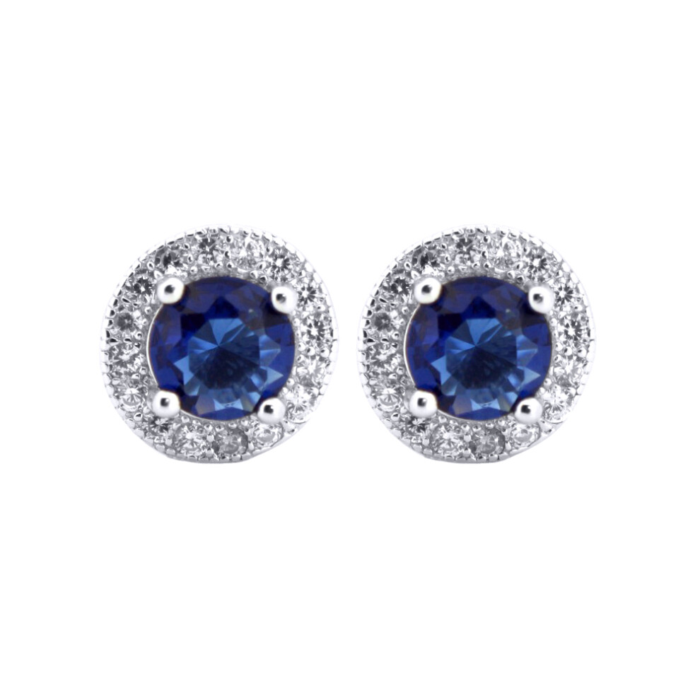 Jewelco London Rhodium Silver Blue Round Brilliant CZ Circle Halo Solitaire Cluster Stud Earrings - AES219B