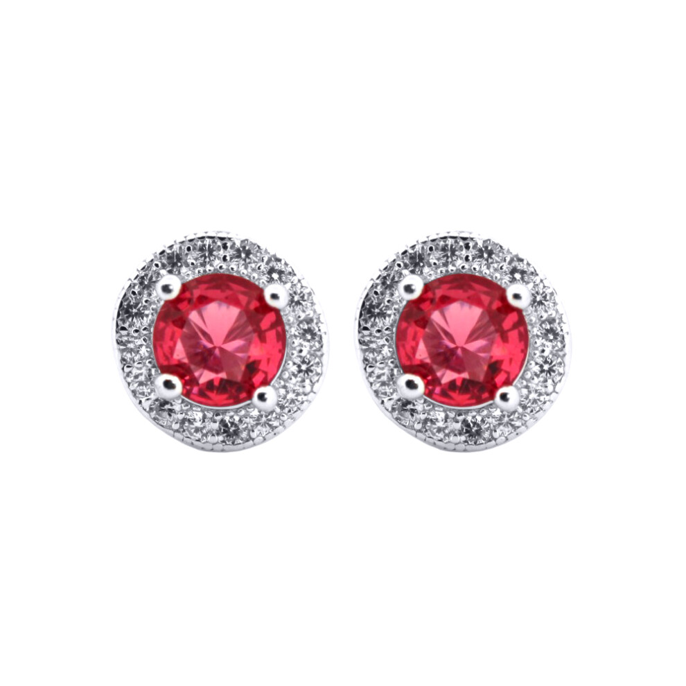 Silver  Red CZ Circle Halo Solitaire Cluster Stud Earrings - AES219R