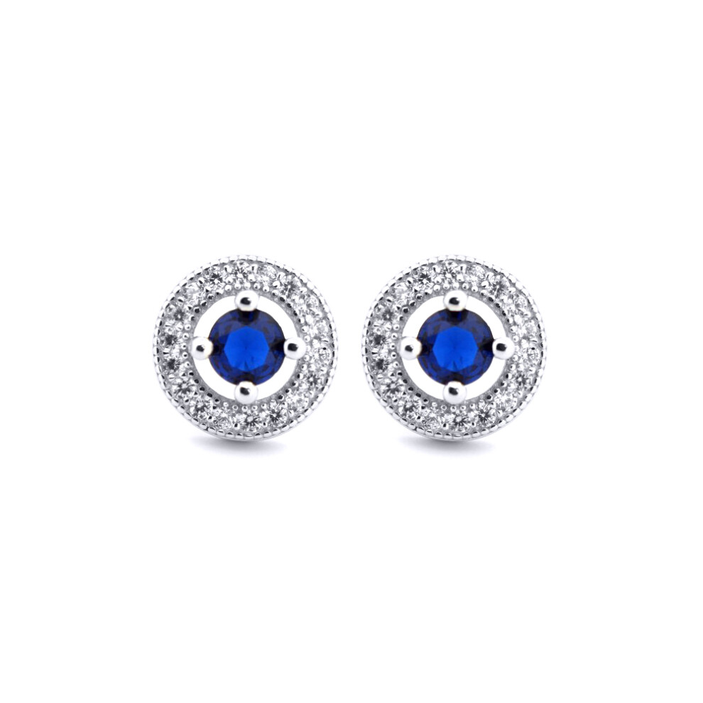 Silver  Blue CZ Circle Halo Solitaire Bullseye Stud Earrings - AES221B