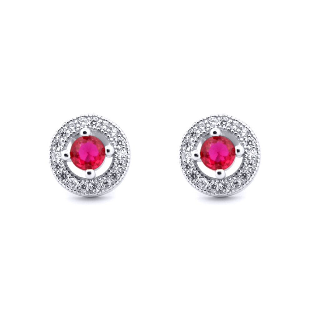 Jewelco London Rhodium Silver Red Round Brilliant CZ Double Circle Halo Solitaire Cluster Stud Earrings - AES220R
