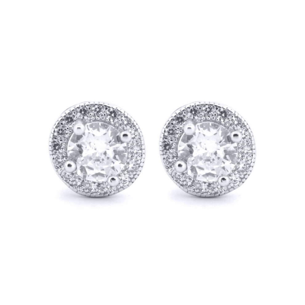 Silver  Round CZ Circle Halo Solitaire Cluster Stud Earrings - AES219W