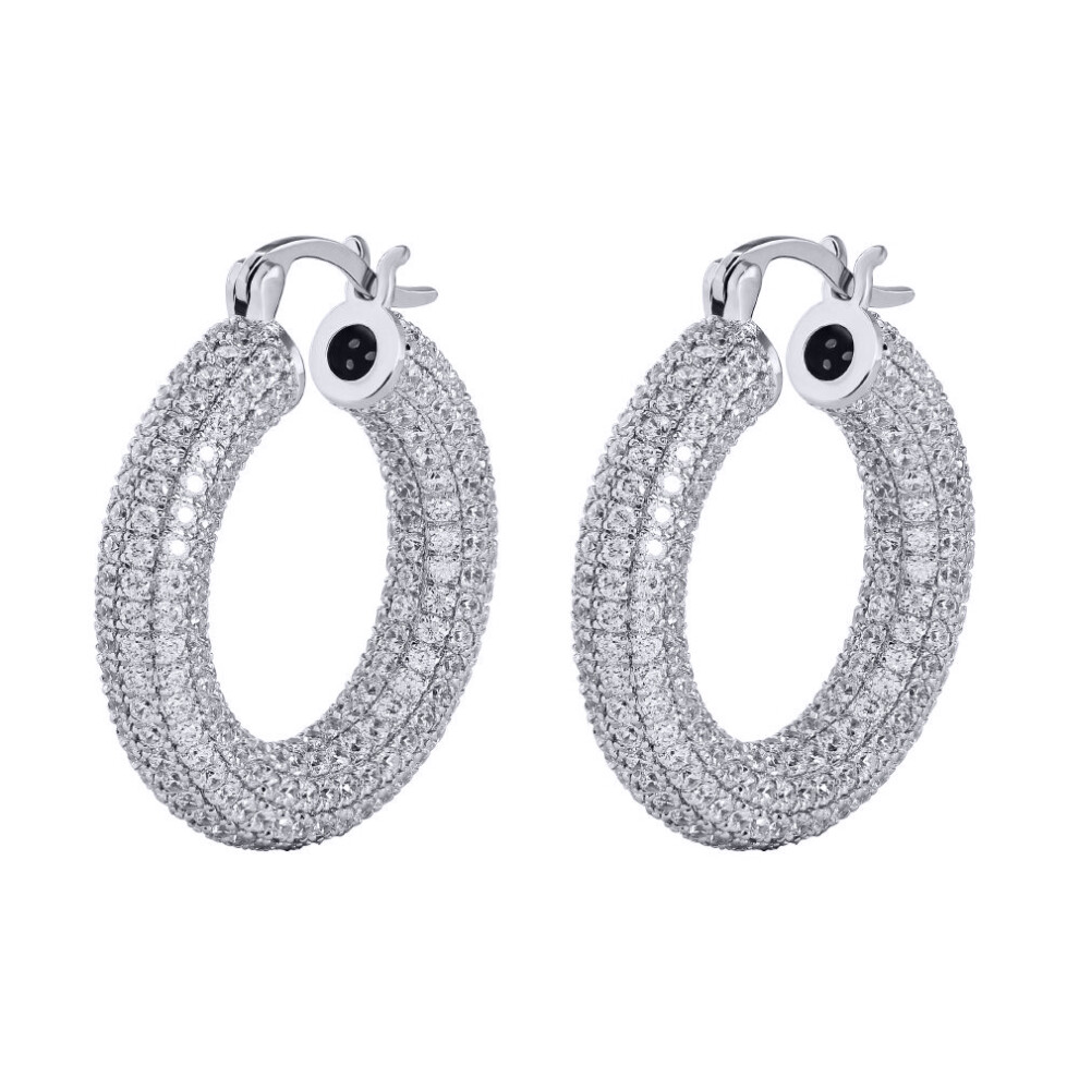 Silver  Round CZ Iced Encrusted Round Tube Hoop Earrings - AER147