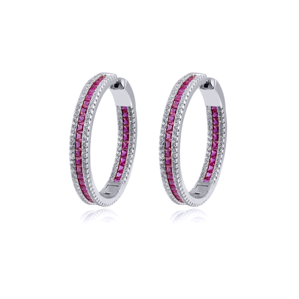 Jewelco London Rhodium Silver Red Princess CZ Inside Out Channel Set Eternity Hoop Earrings 18mm ½oz - AER150