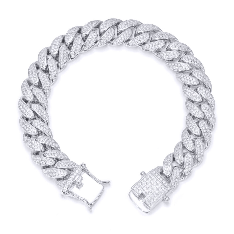 Jewelco London Men's Rhodium Silver Round CZ Encrusted Cuban Curb 12mm Chain Bracelet 2oz - ABB199-8.5