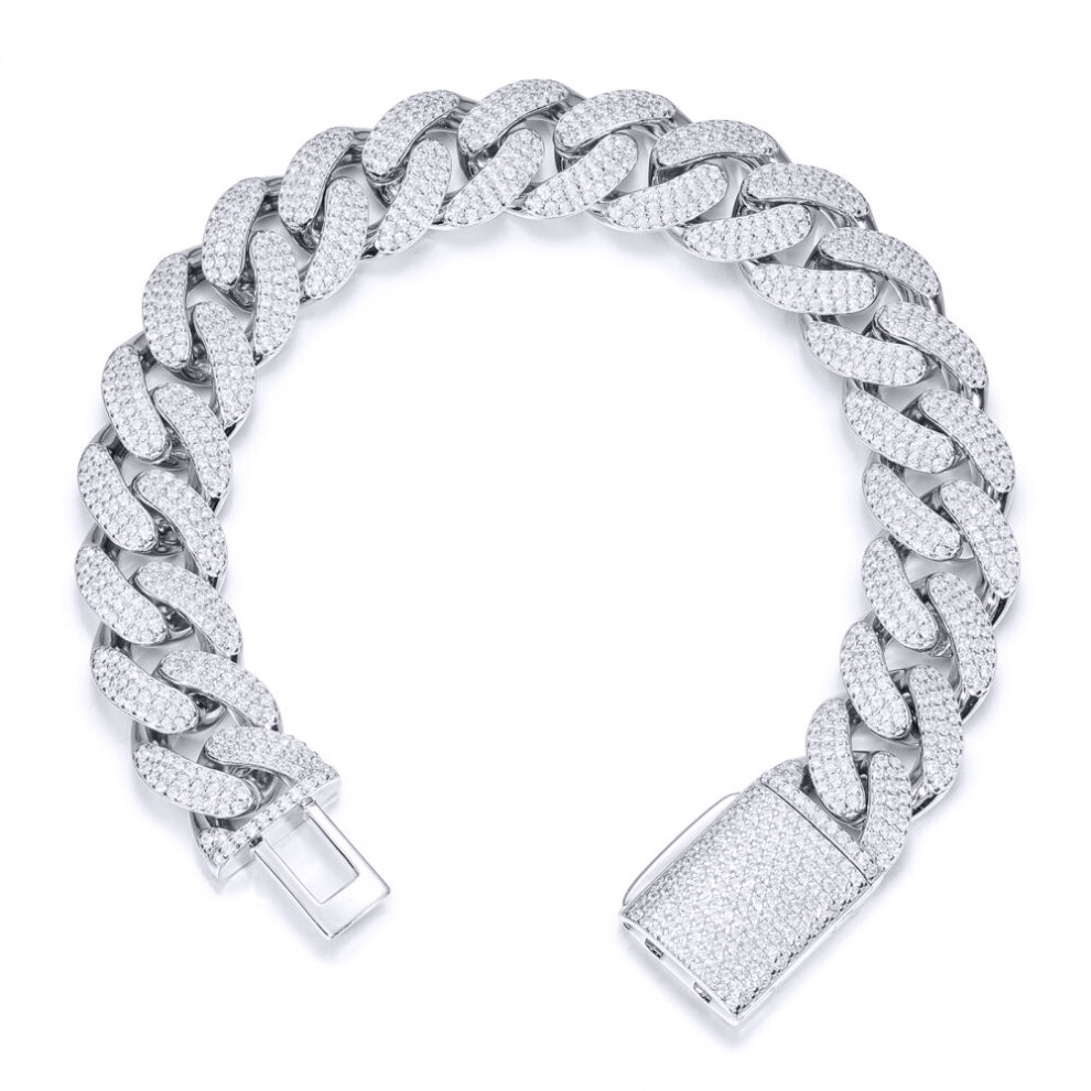 Jewelco London Men's Rhodium Silver Round CZ Encrusted Cuban Curb 14mm Chain Bracelet 2½oz - ABB200-9
