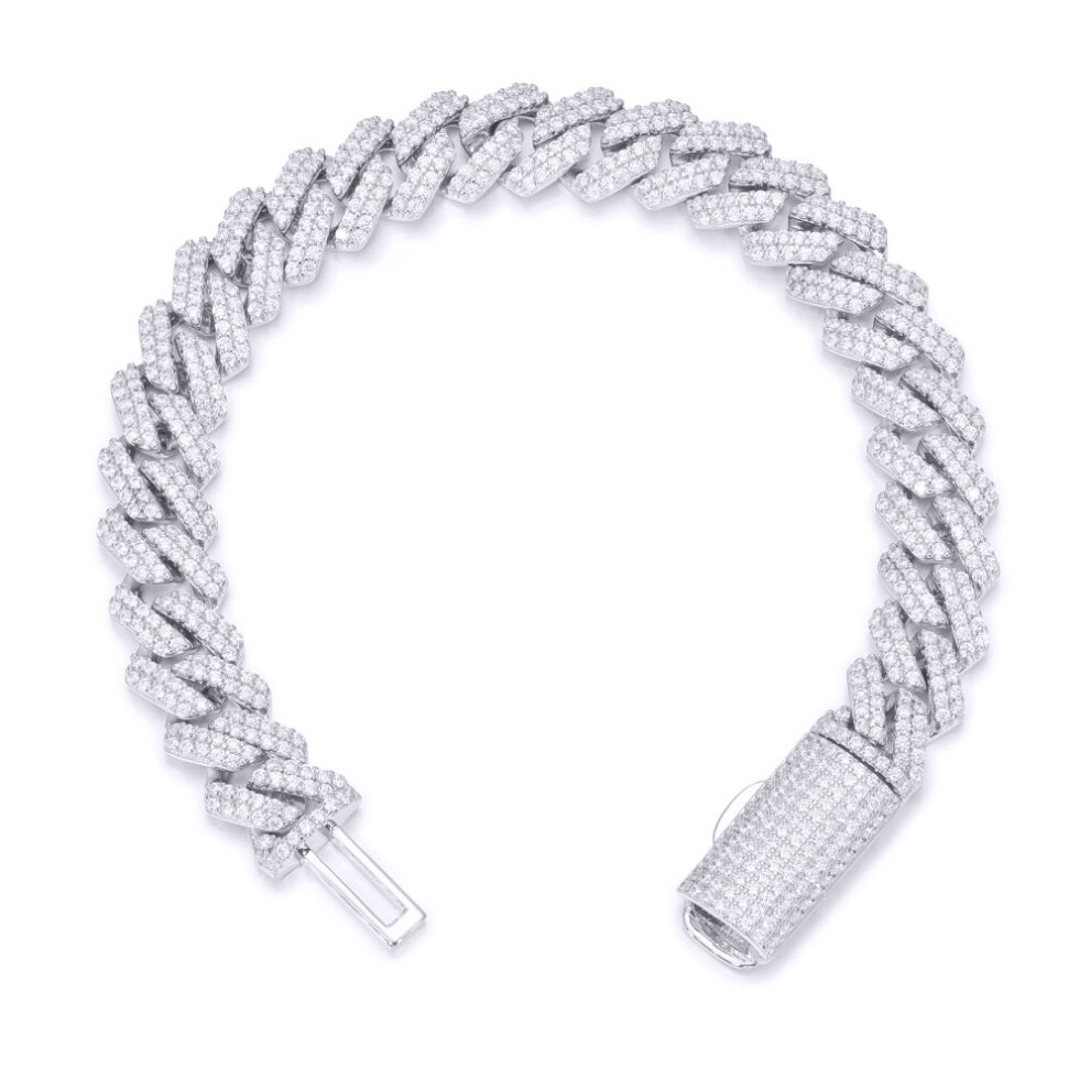 Jewelco London Men's Rhodium Silver Round CZ Encrusted Square Curb 10mm Chain Bracelet 1½oz - ABB201-8.5