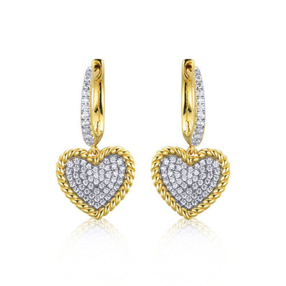 Gold-plated Silver  CZ Rope Edge Love Heart Huggie Drop Earrings - AER172