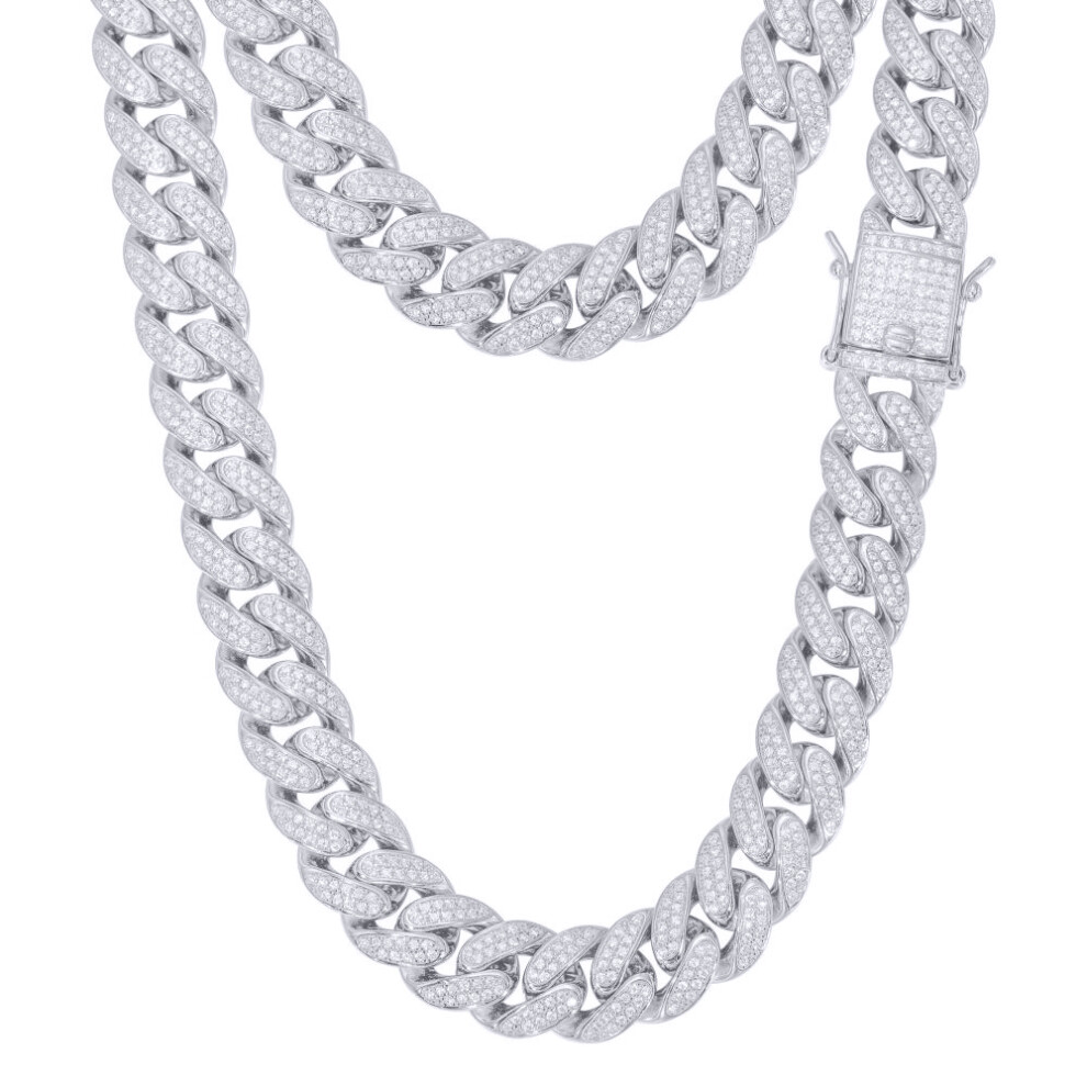 Silver  Round CZ Encrusted Cuban Curb 12mm Chain Necklace - ABB199