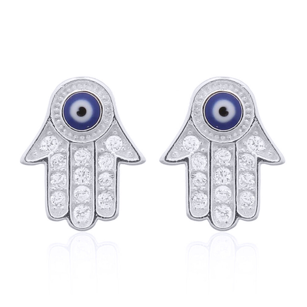 Jewelco London Rhodium Silver Round CZ Anti Evil Eye Beaded Hamsa 5 Hand Stud Earrings - AES156