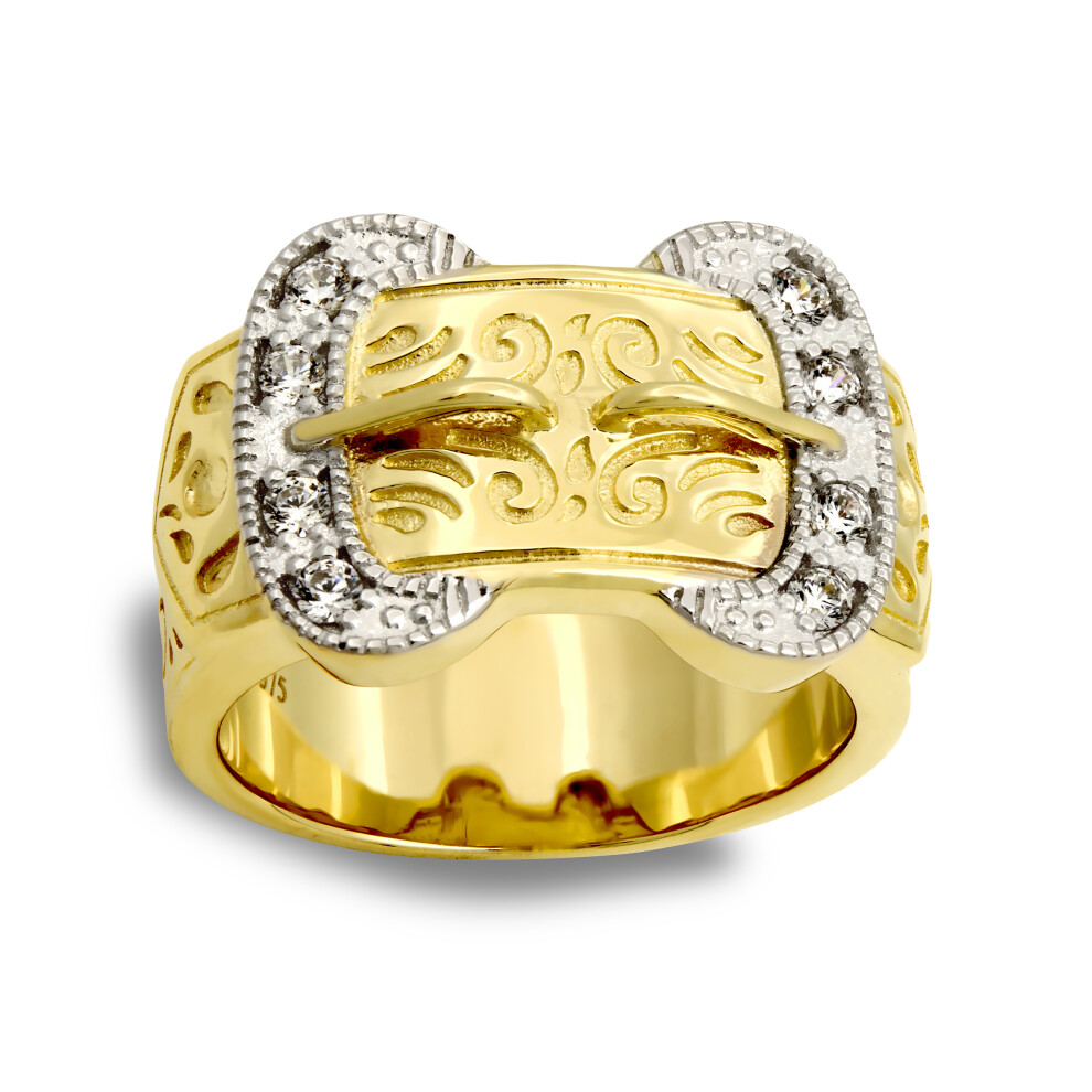 (S) Jewelco London Men's Solid 9ct Yellow Gold White Round Brilliant Cubic Zirconia Double Buckle Ring - JRN032