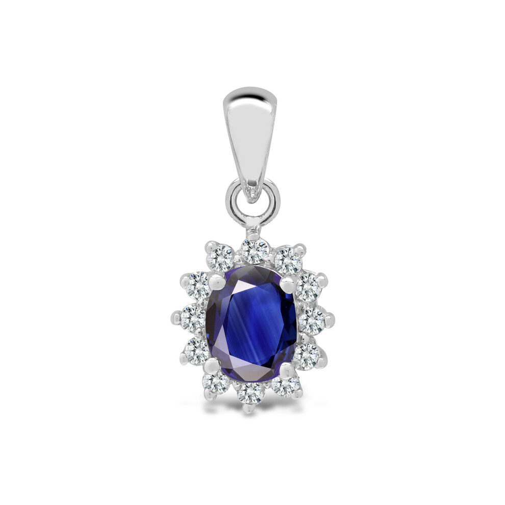 Jewelco London 18ct White Gold G SI 0.09ct Diamond and Oval Blue 0.52ct Sapphire Royal Cluster Cluster Pendant - 18P120