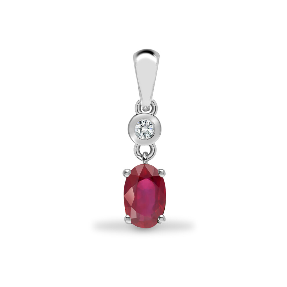 Jewelco London 9ct White Gold Rub Over Set H I1 0.04ct Diamond and Oval Red 0.63ct Ruby Donut Solitaire Drop Pendant - 9P142