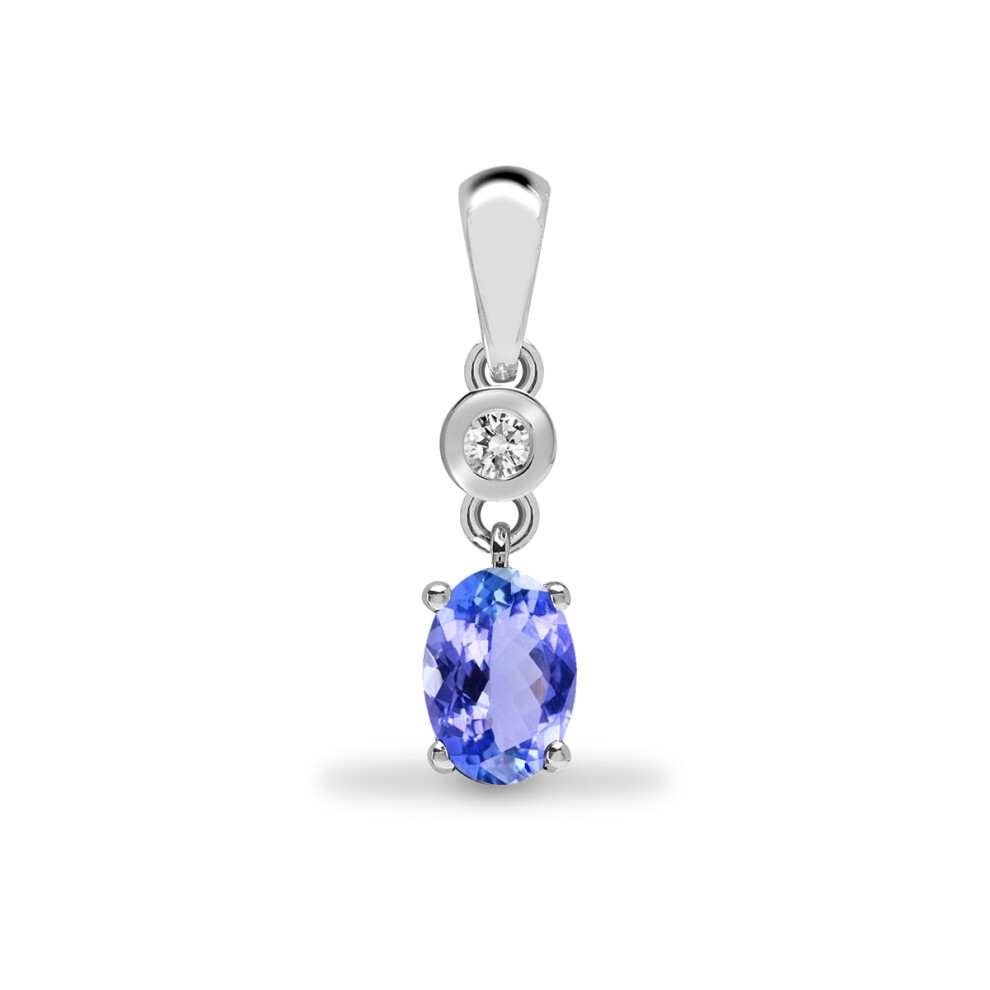 Jewelco London 9ct White Gold Rub Over Set 0.04ct Diamond and Oval Lilac 0.37ct Tanzanite Donut Solitaire Drop Pendant - 9P145
