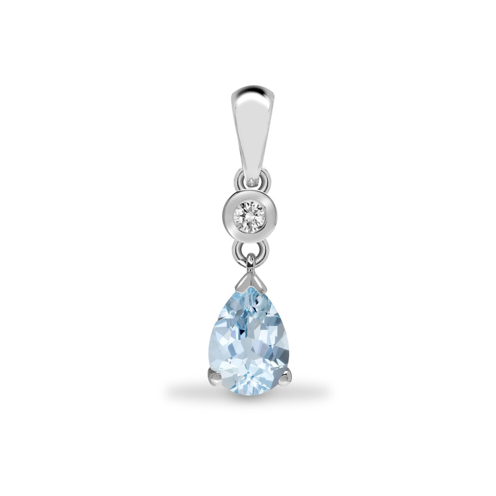 9ct White Gold  Diamond Aquamarine Tear Solitaire Drop Pendant - 9P148