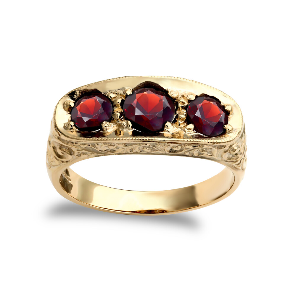 (T) Jewelco London Men's Solid 9ct Yellow Gold Round Brilliant Garnet 3 Stone Trilogy Carved Gypsy Ring