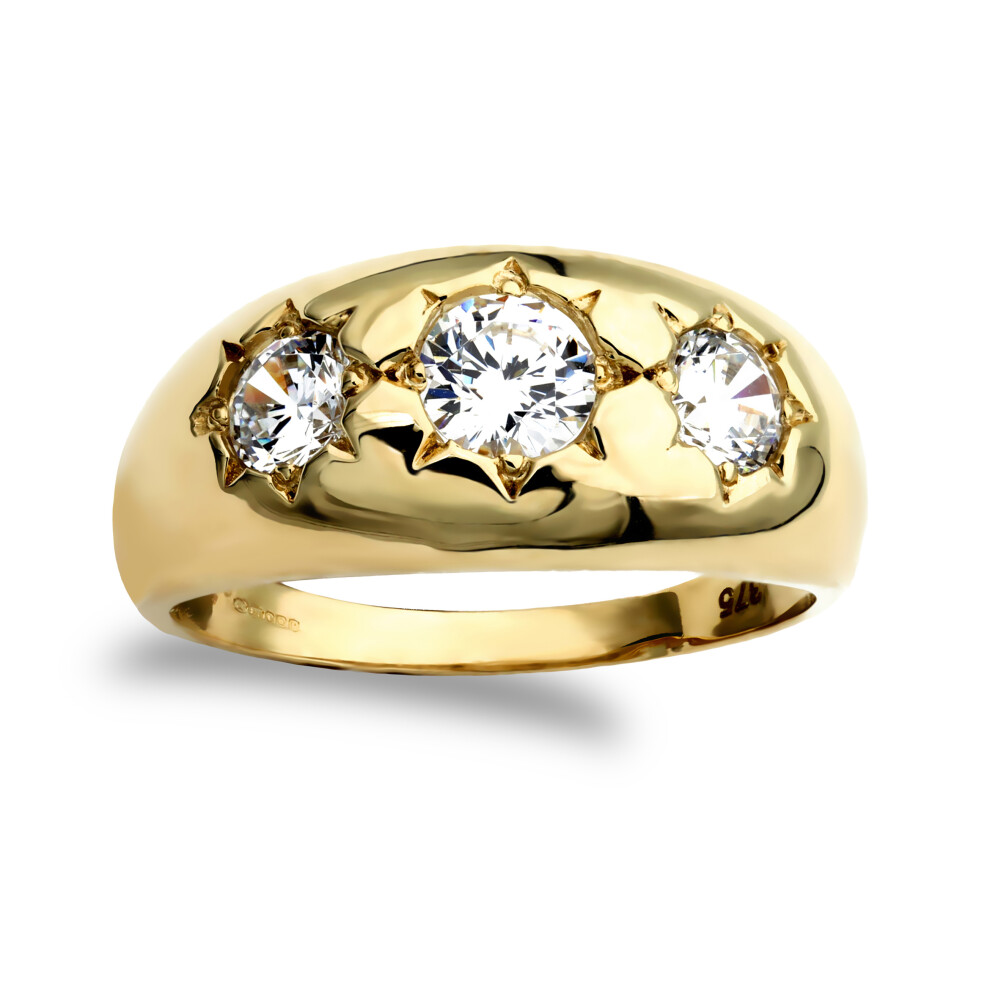 (R) Jewelco London Men's Solid 9ct Yellow Gold White Round Brilliant Cubic Zirconia Star Set 3 Stone Trilogy Gypsy Ring