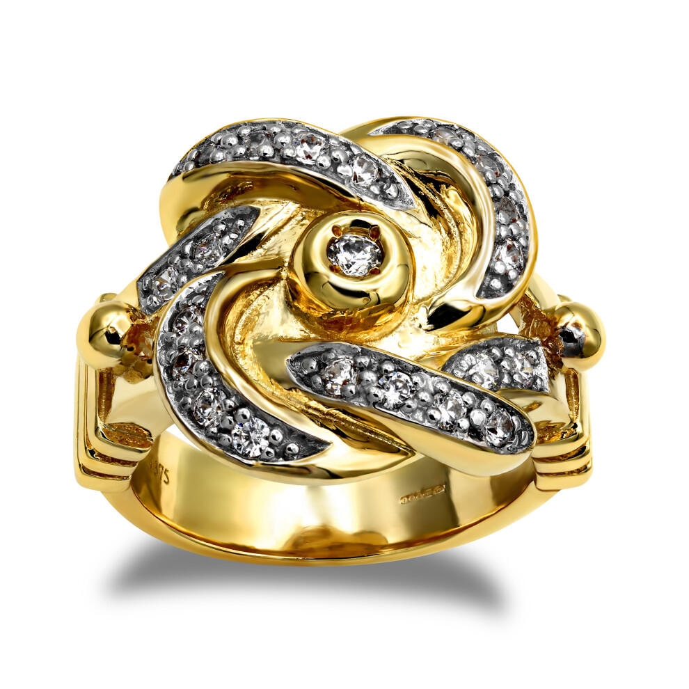 (T) Jewelco London Men's Solid 9ct Yellow Gold White Round Brilliant Cubic Zirconia Double Knot Ring