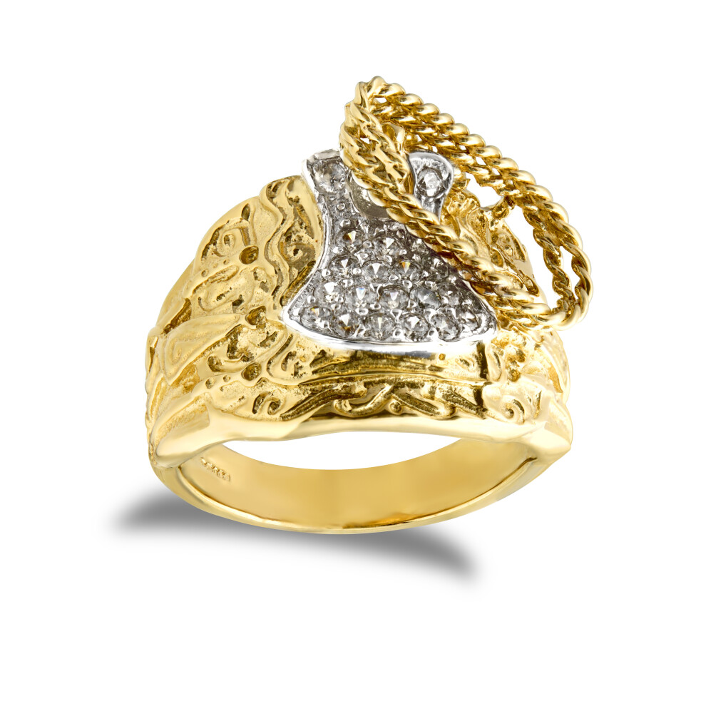 (S) Jewelco London Men's Solid 9ct Yellow Gold White Round Brilliant Cubic Zirconia Horse Saddle Rope Ring