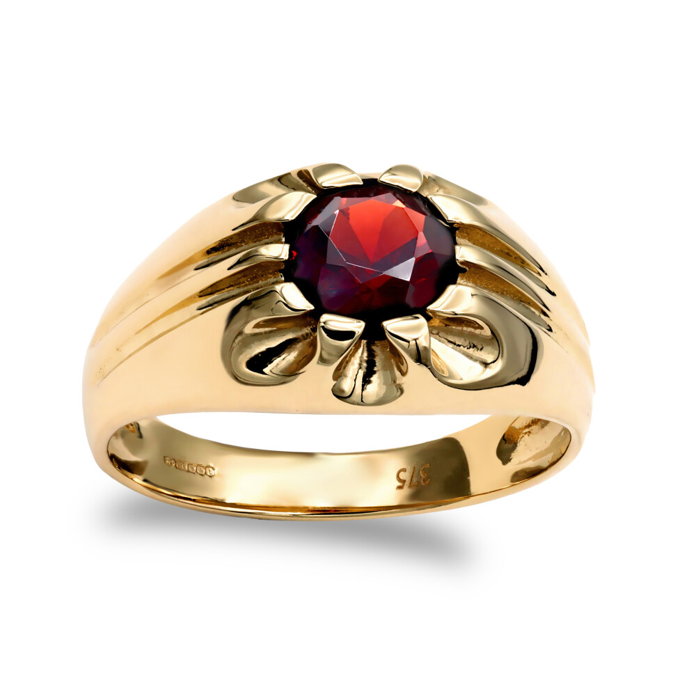 (Z+2) Jewelco London Men's Solid 9ct Yellow Gold Round Brilliant Garnet 10 Claw Solitaire Gypsy Ring