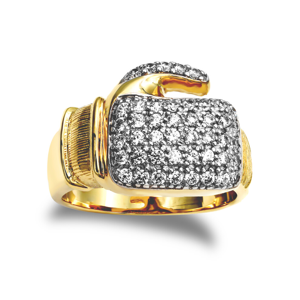 (U) Jewelco London Men's Solid 9ct Yellow Gold White Round Brilliant Cubic Zirconia Pave Boxing Glove Novelty Ring - JRN038