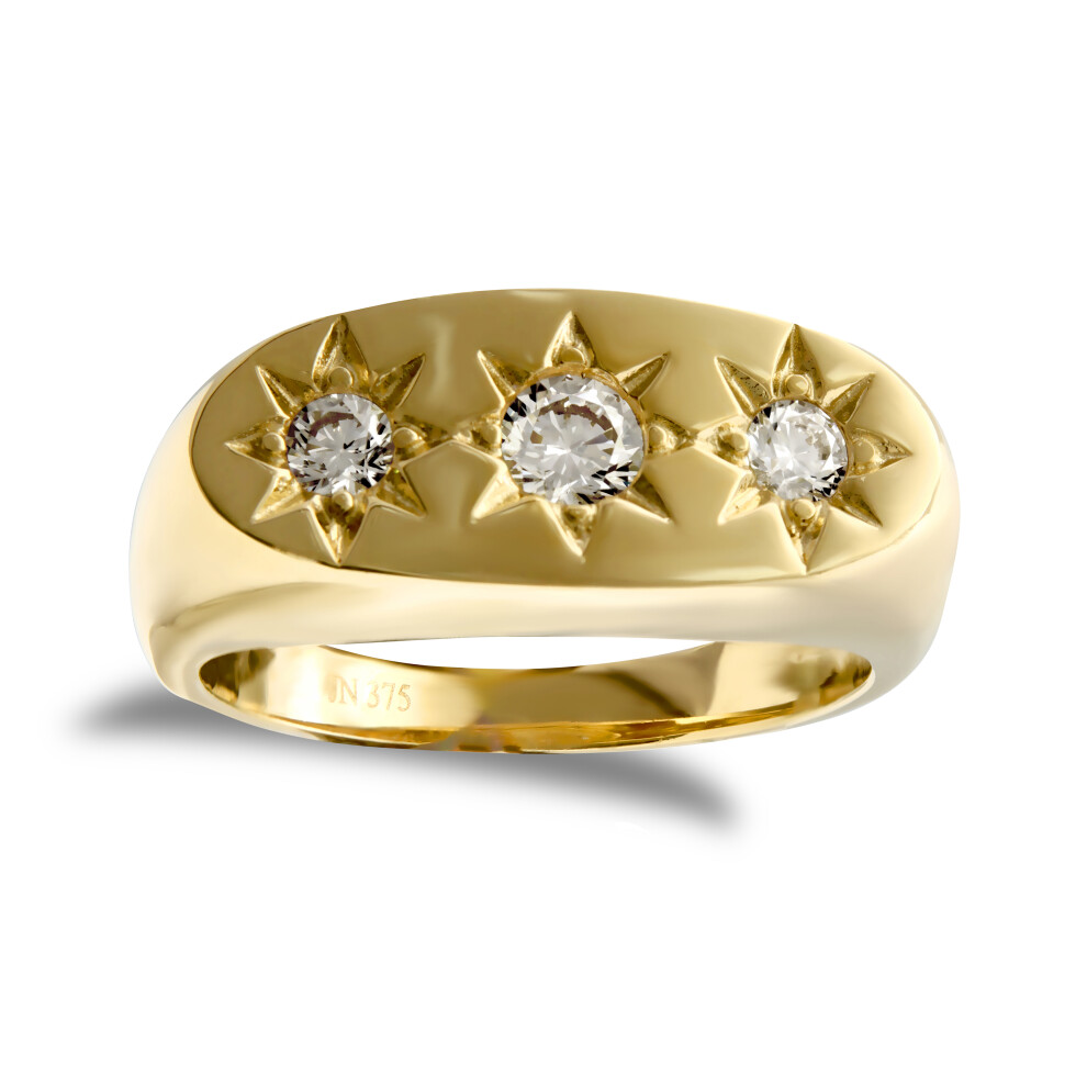 (W) Jewelco London Men's Solid 9ct Yellow Gold White Round Brilliant Cubic Zirconia Star Set 3 Stone Trilogy Gypsy Ring