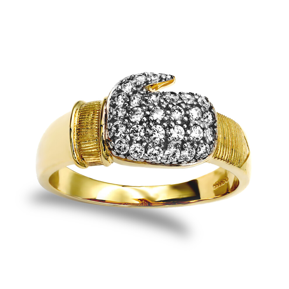 (U) Jewelco London Men's Solid 9ct Yellow Gold White Round Brilliant Cubic Zirconia Pave Boxing Glove Novelty Ring