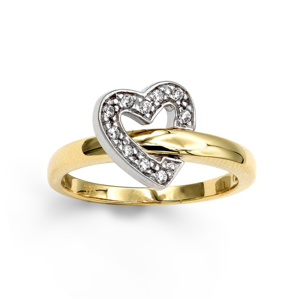 (K) Jewelco London Ladies Solid 9ct Yellow and White Gold White Round Brilliant Cubic Zirconia Flip-Over Heart Wedding Ring