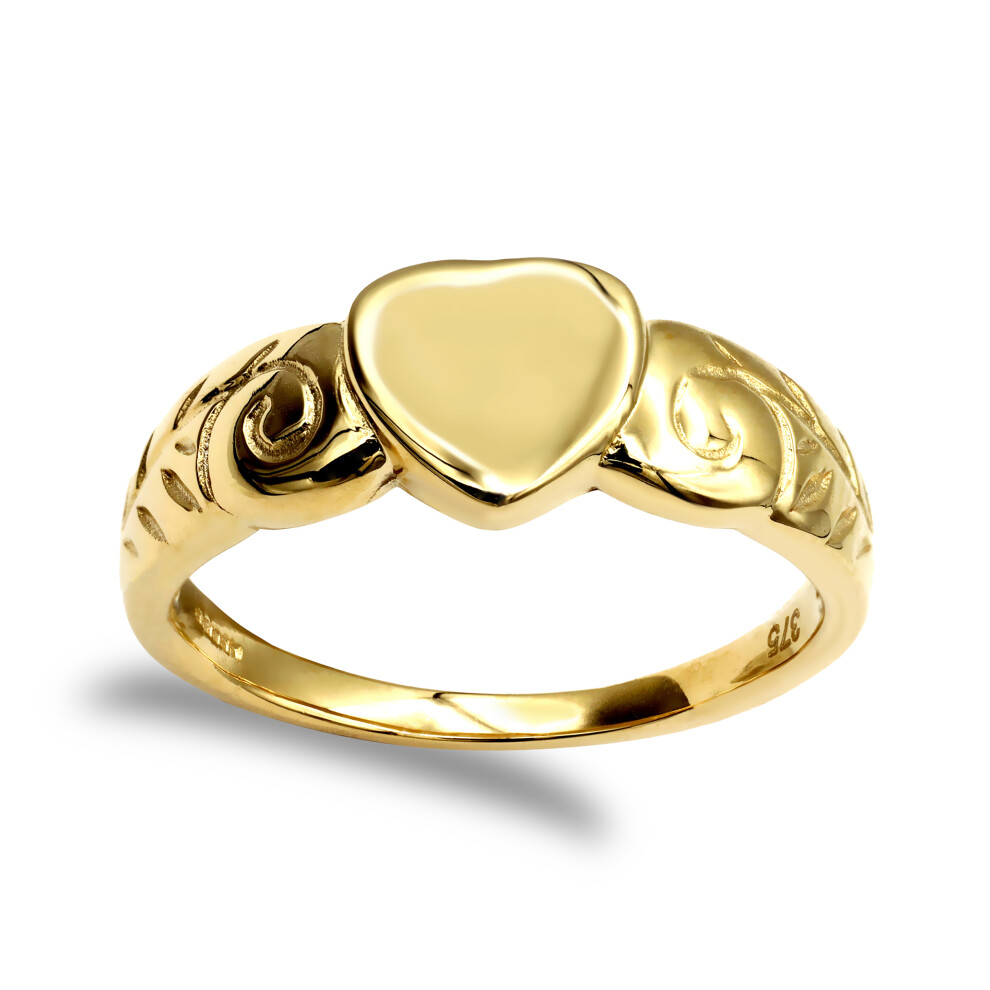 (N) Jewelco London Ladies Solid 9ct Yellow Gold Floral Scroll Heart Signet Ring