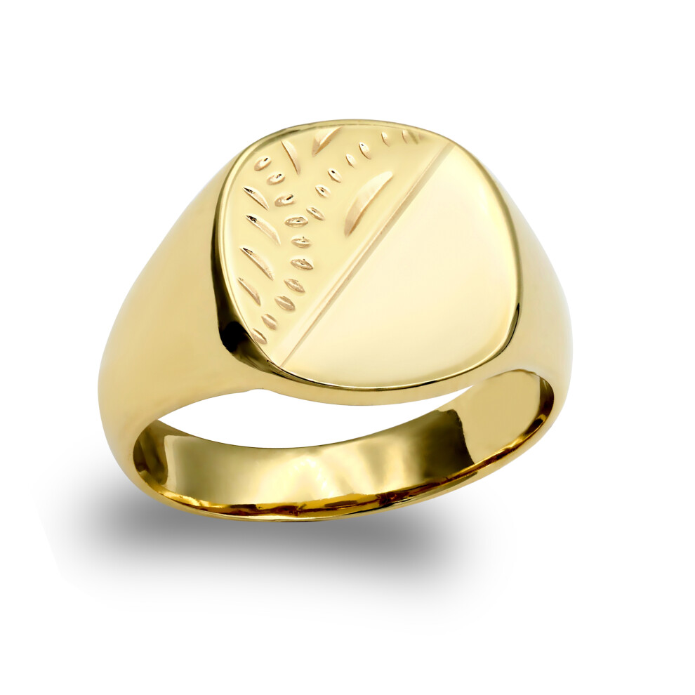 (N) Jewelco London Men's Solid 9ct Yellow Gold Diamond Cut Square Cushion Signet Ring