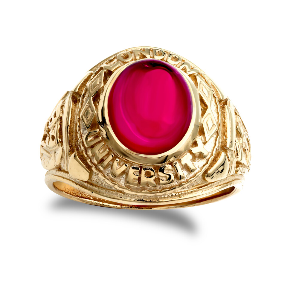 (Y) Jewelco London Men's Solid 9ct Yellow Gold Red Oval Cubic Zirconia Cabochon Solitaire Oval University College Ring