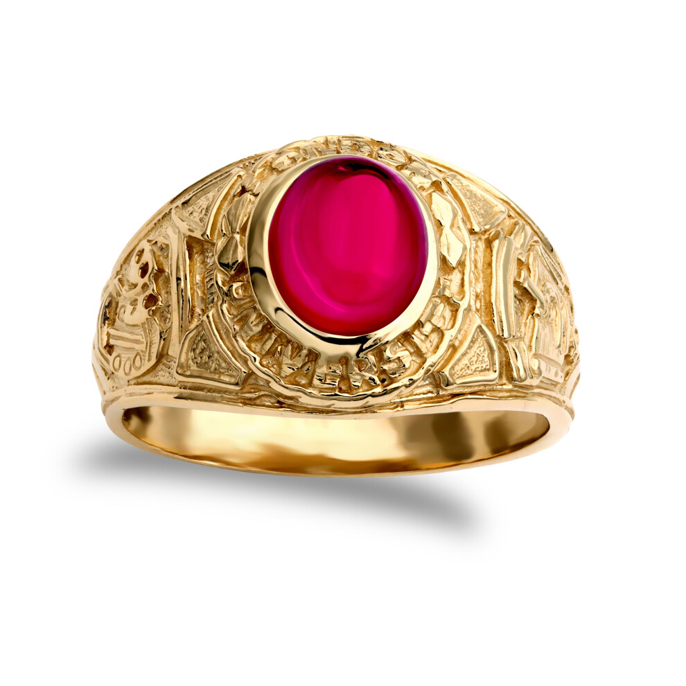 (S) Jewelco London Men's Solid 9ct Yellow Gold Red Oval Cubic Zirconia Cabochon Solitaire Oval University College Ring