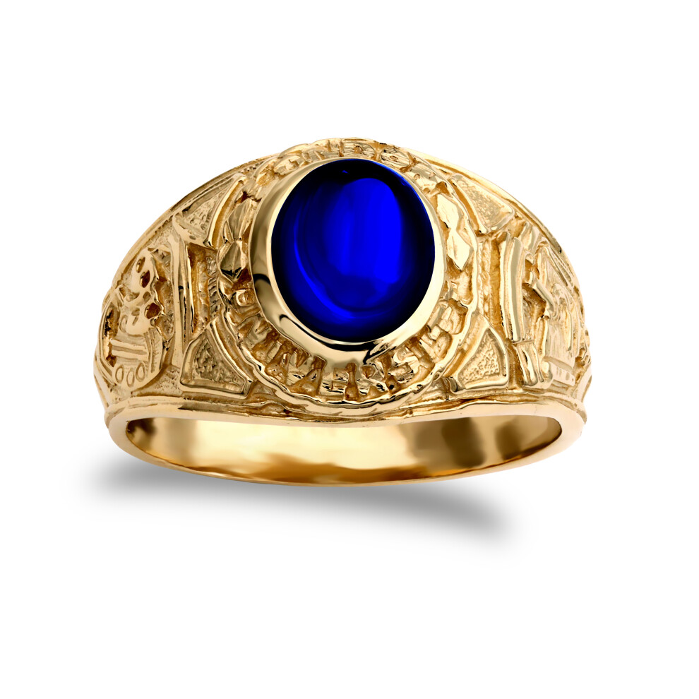 (V) Jewelco London Men's Solid 9ct Yellow Gold Blue Oval Cubic Zirconia Cabochon Solitaire Oval University College Ring