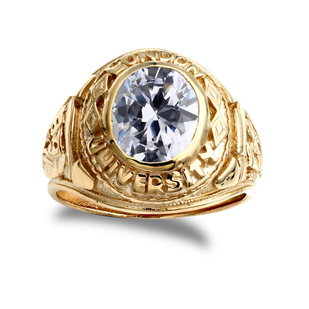 (W) Jewelco London Men's Solid 9ct Yellow Gold White Oval Cubic Zirconia Solitaire Oval University College Ring