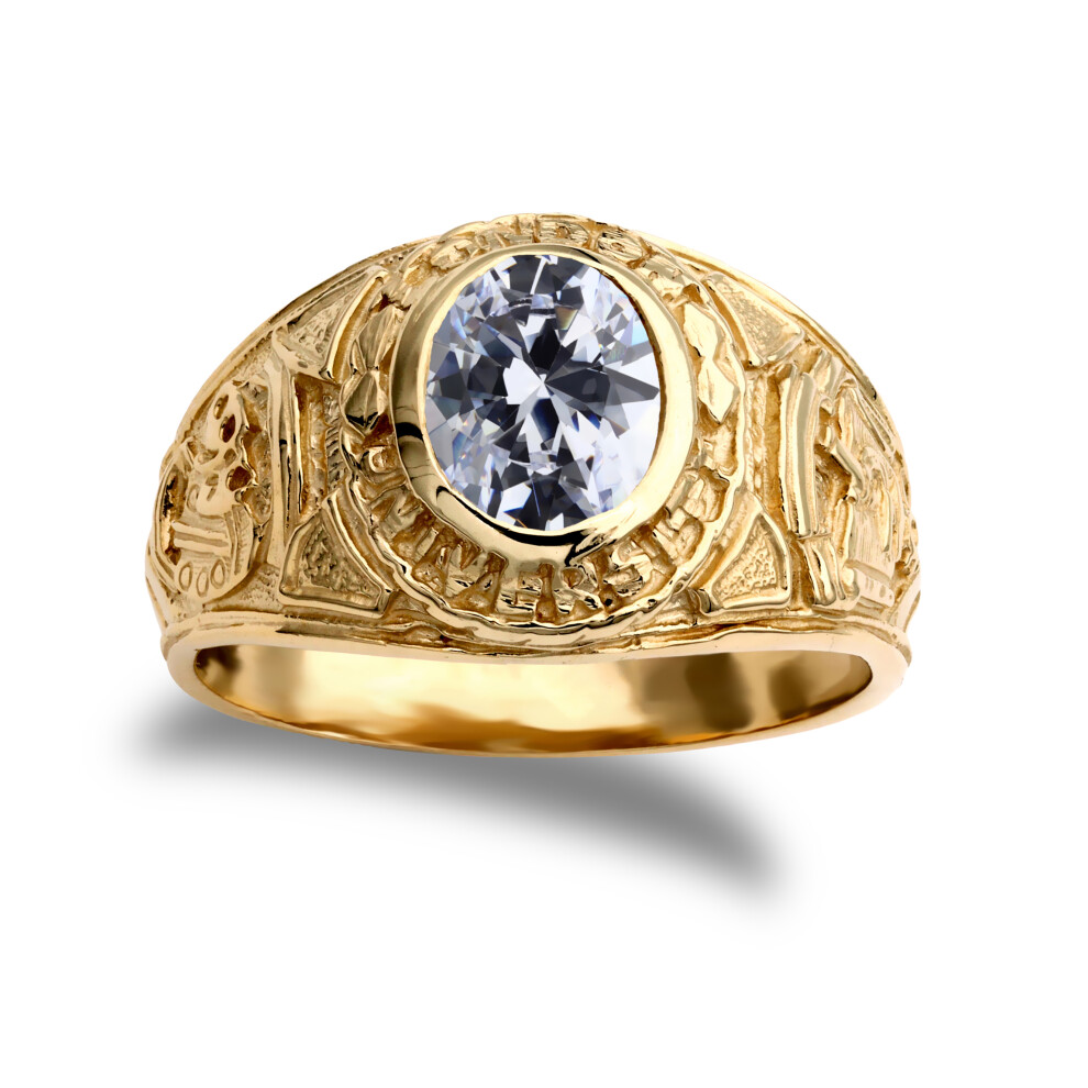 (U) Jewelco London Men's Solid 9ct Yellow Gold White Oval Cubic Zirconia Solitaire Oval University College Ring