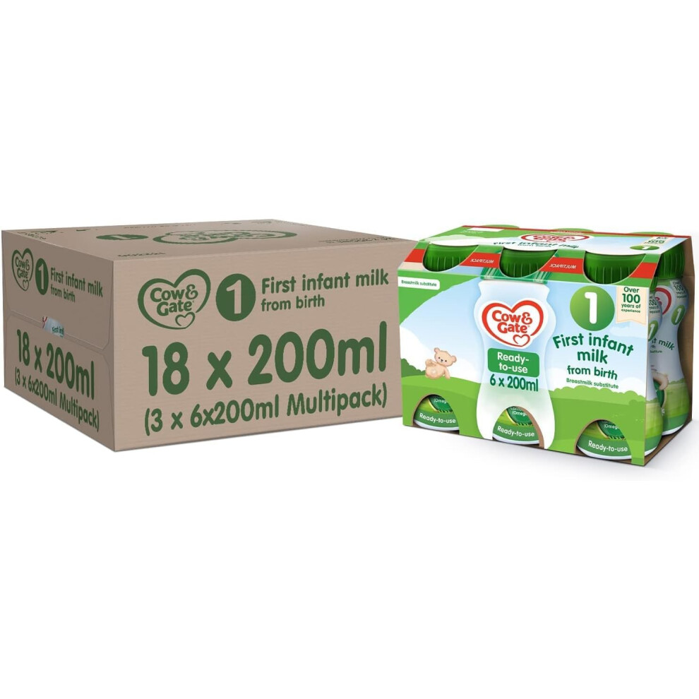 Cow & Gate 1 First Infant Baby Milk Ready to Use Liquid Formula, from Birth, 200 ml, (Pack of 18)