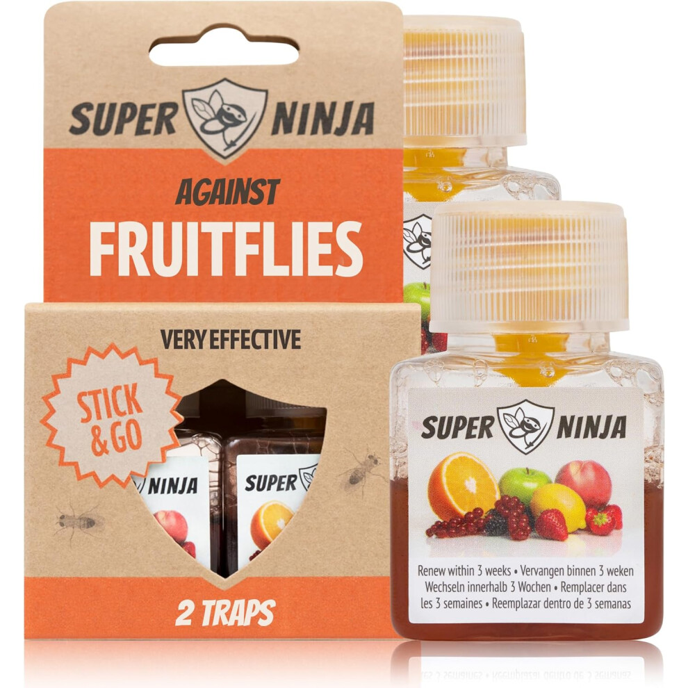 Super Ninja Fruit Fly Killer 2 Pack  Environmentally Responsible Highly Effective Ecological Traps Indoor - User Friendly - Up to 3 Weeks per Bottle