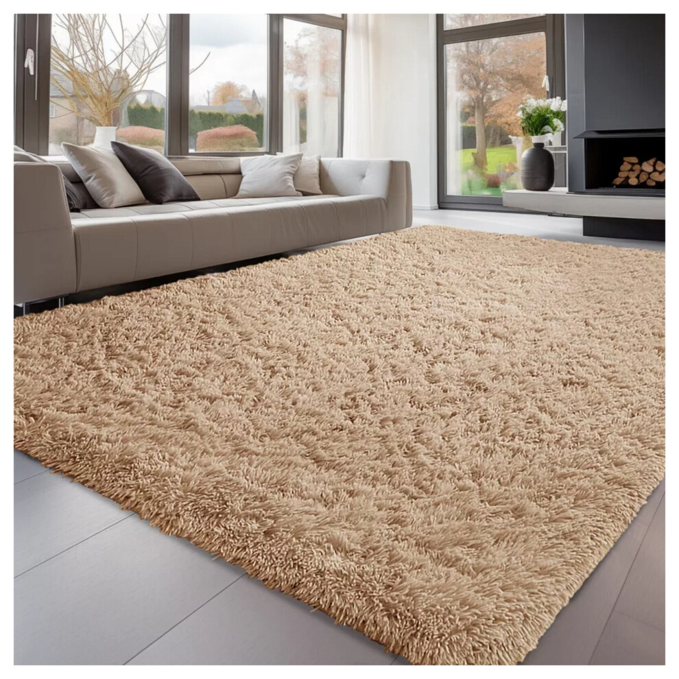 (120cm x 170cm (4ft x 5ft 8"), Beige) Anti Slip Shaggy Rug For Living Room Runner Carpet