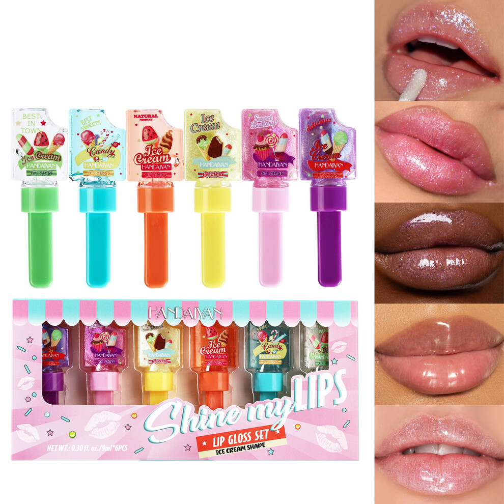 Cream,Multicoloured 6 Colors Cute Ice Cream Pearlescent Moisturising Mirror Lip Gloss Kit
