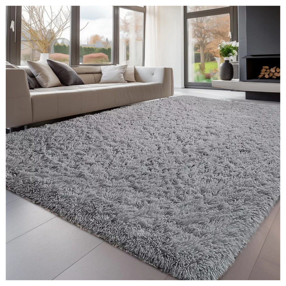 (120cm x 170cm (4ft x 5ft 8"), Grey) Anti Slip Shaggy Rug For Living Room Runner Carpet